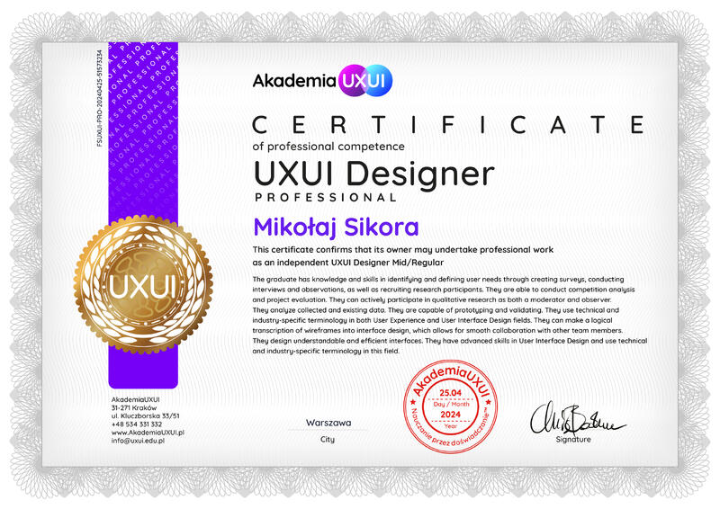 Akademia UXUI — Certificate UXUI Designer Professional