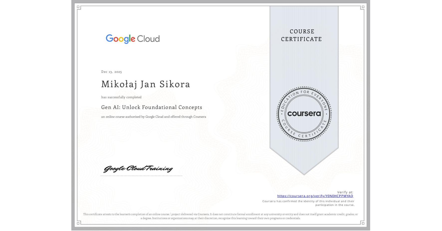 Coursera × Google Cloud — Gen AI: Foundational Concepts